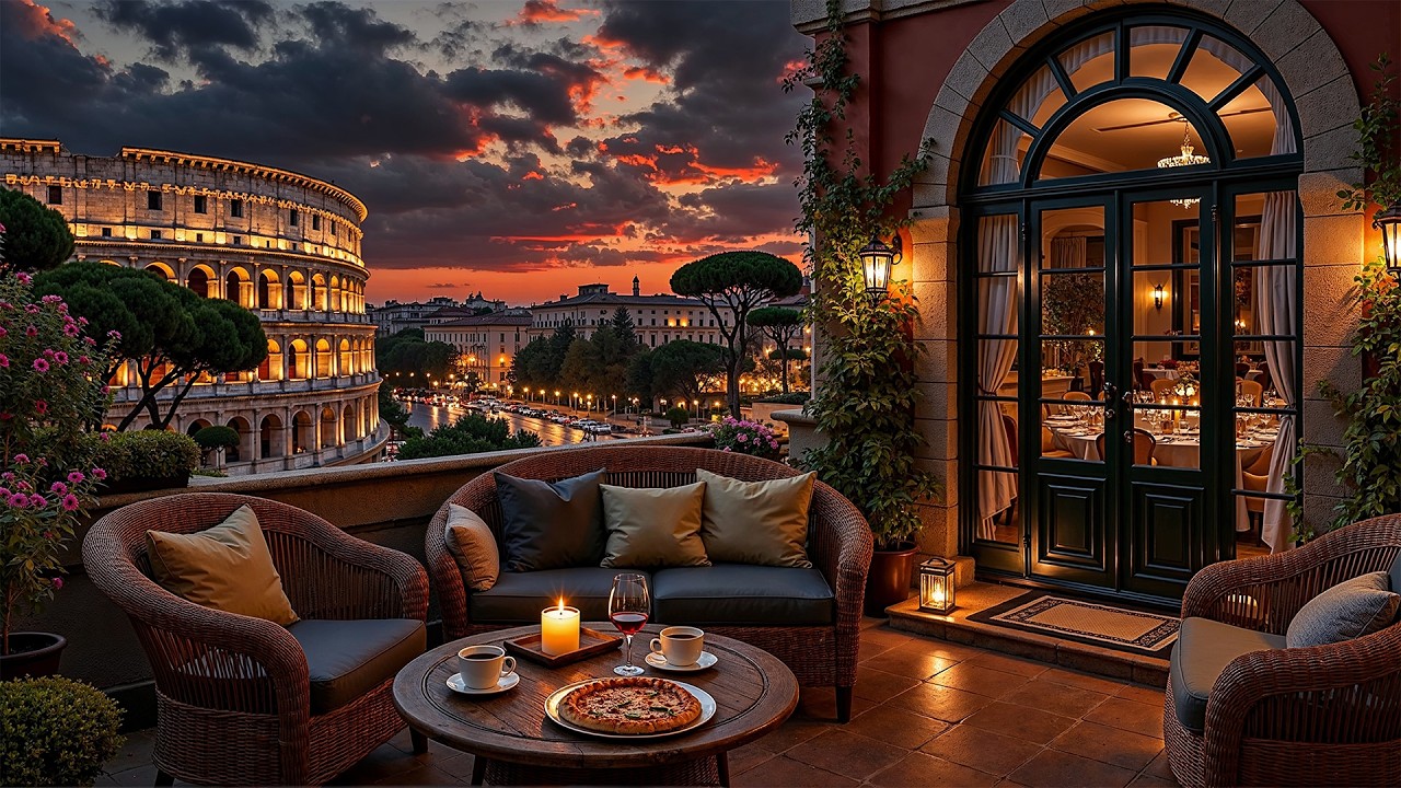 Rome Sunset Jazz ☕ Colosseum Balcony Café Ambience & Relaxing Jazz Instrumental for Focus & Work
