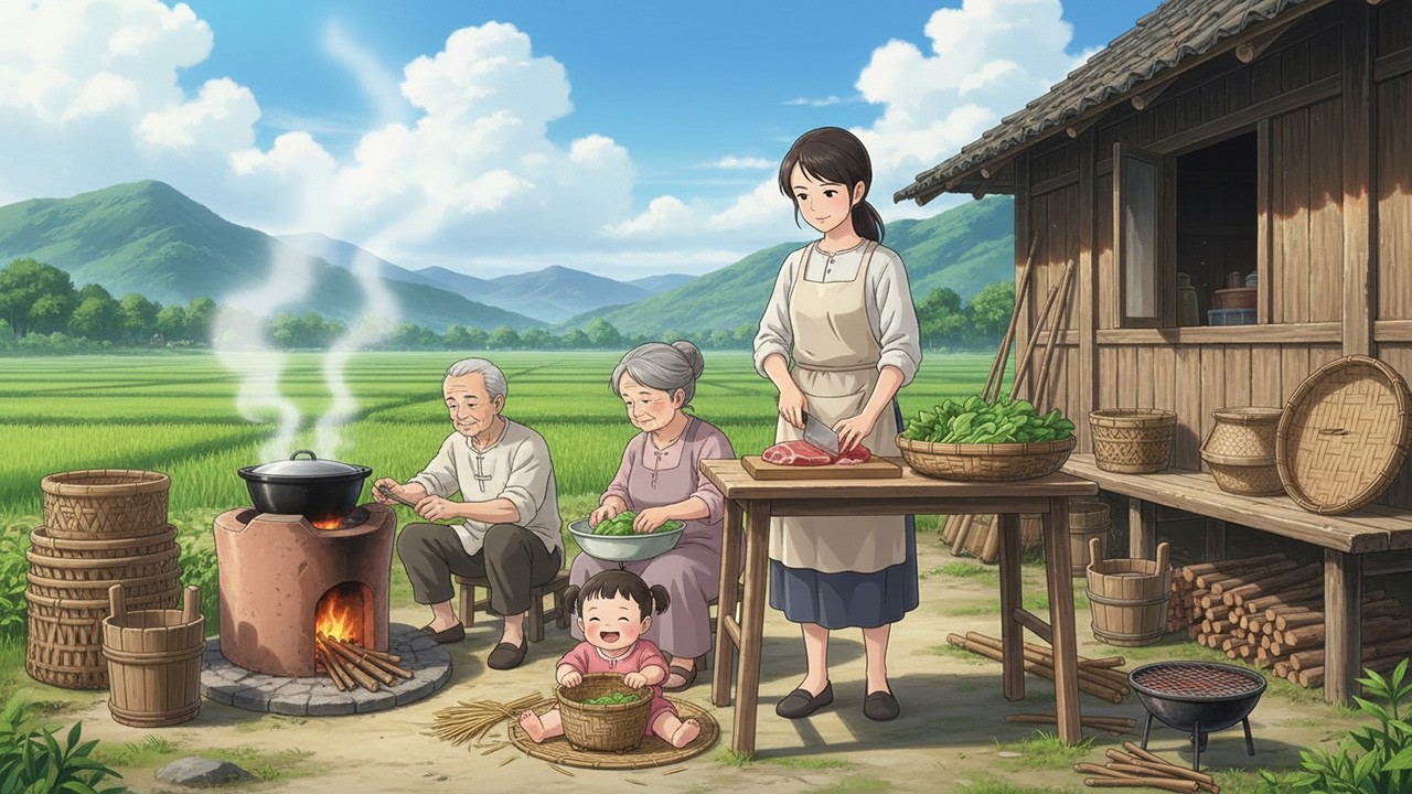 Buying Pork & Traditional Firewood Smoke Cooking | Cozy Cooking ASMR | Ghibli Style