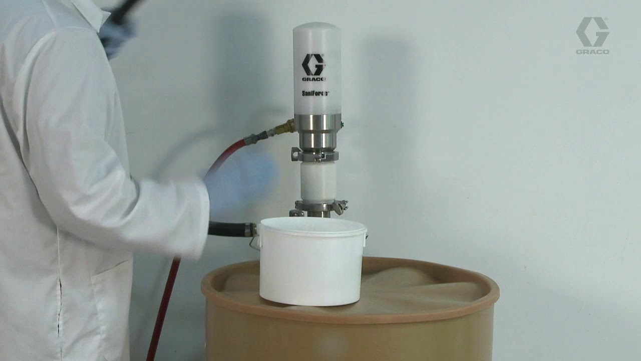 SaniForce 2:1 Piston Pump in a 55 gallon drum with 71K cps material
