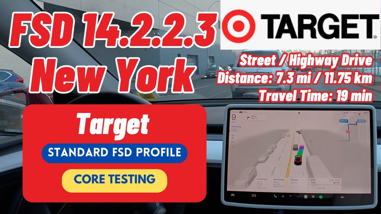 FSD v14.2.2.3: 7.3 mi NYC Drive to Target in Queens – Merges & Auto-Park!