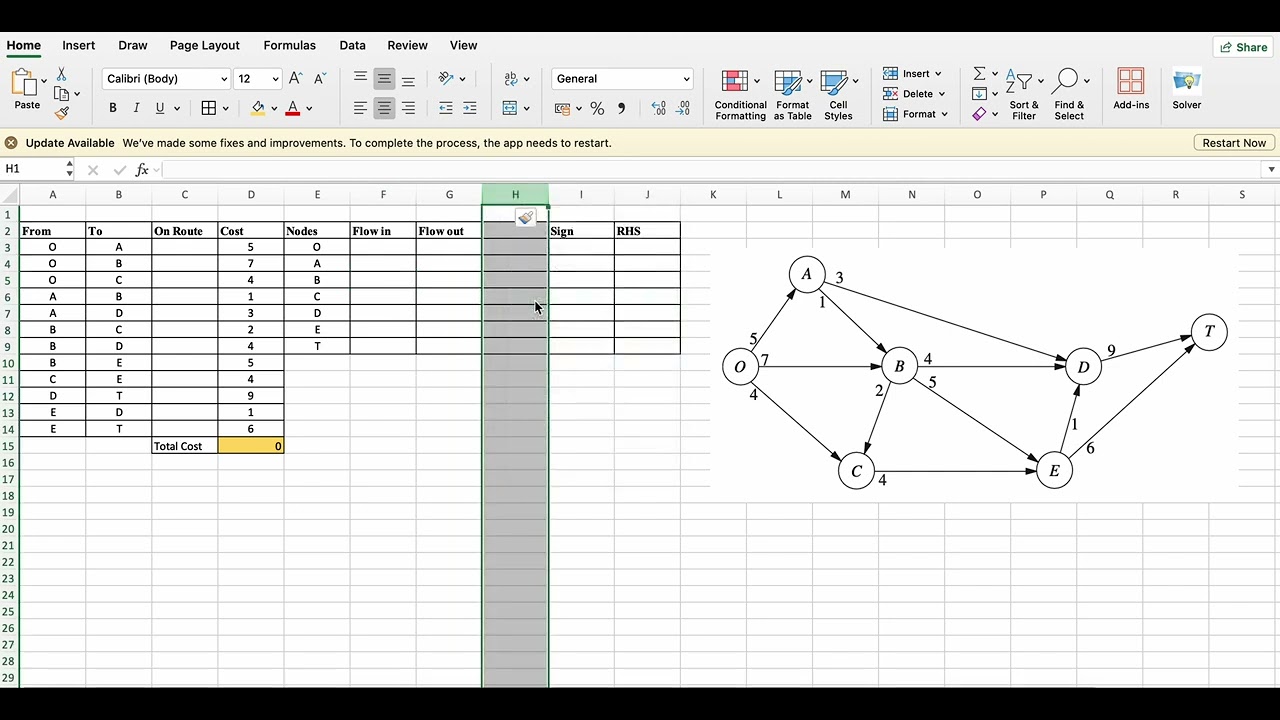 Задача на кратчайший путь с использованием решателя Excel