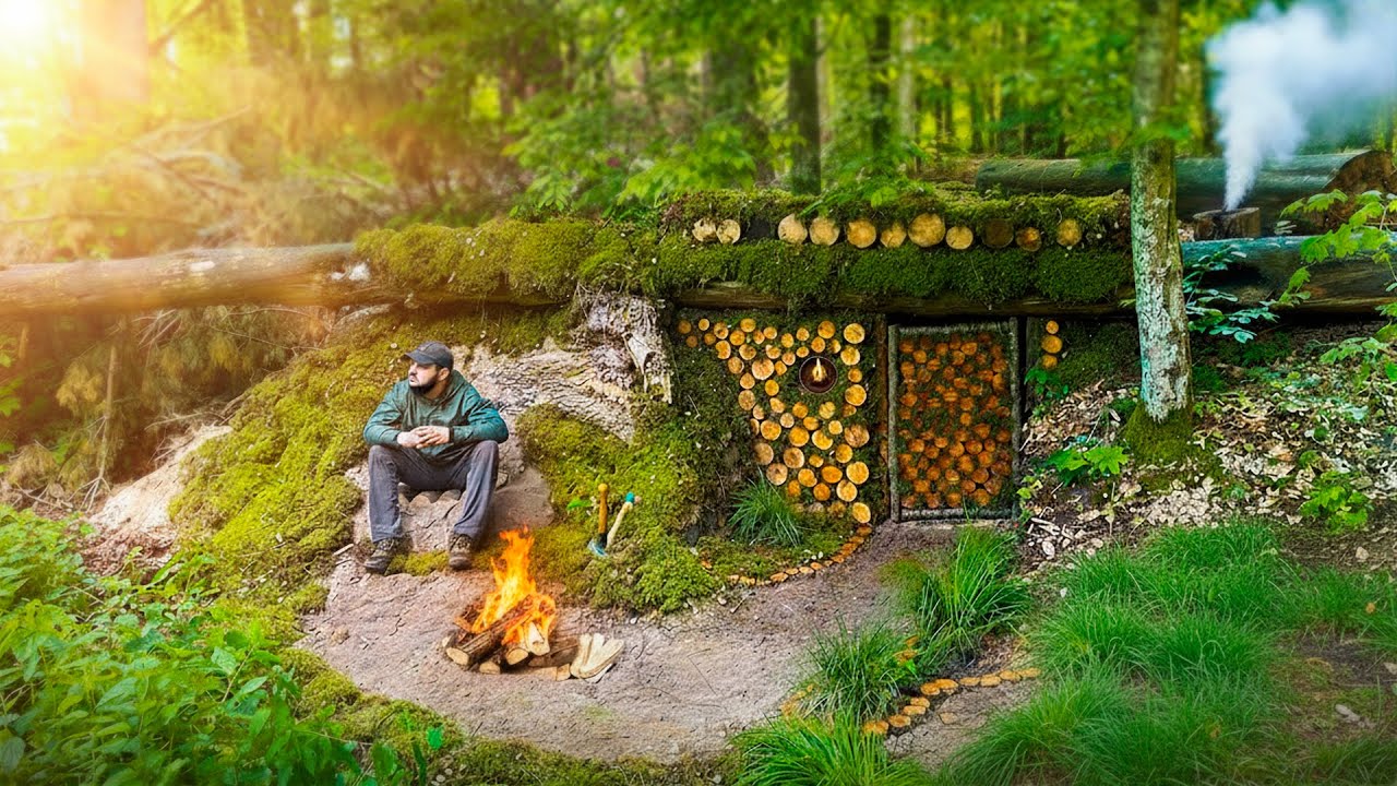 Building a COZY Shelter in the RAINFOREST| Bushcraft Dugout | Cooking on a FIRE