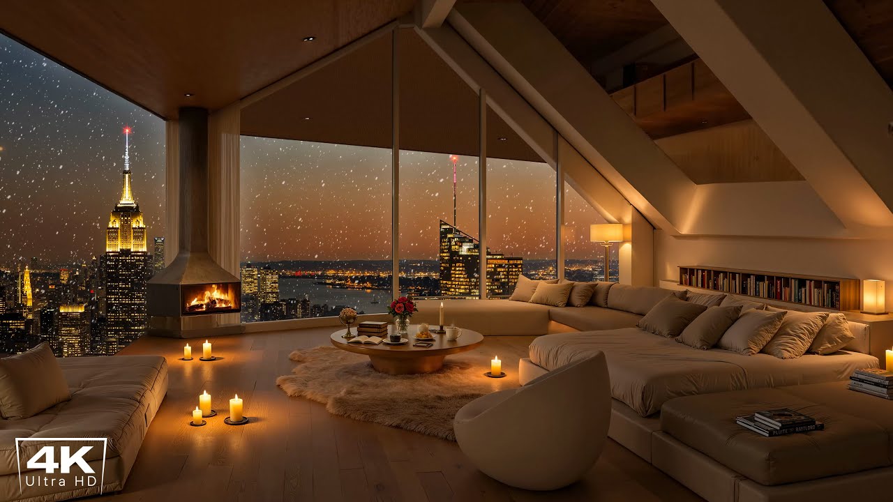 [4K] Cozy NYC Apartment on Snowy Day | Elegant Piano Jazz Music & Crackling Fireplace for Relaxation