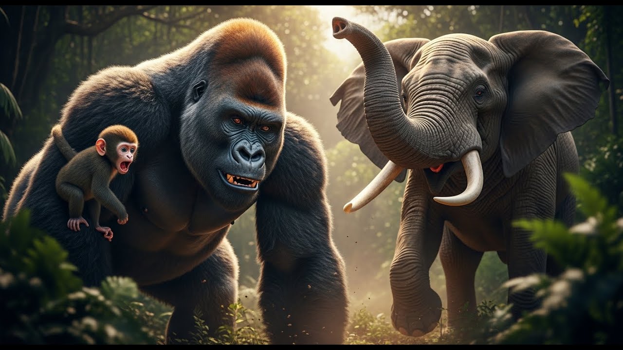 Unbelievable Heroism Watch How a Gorilla Risks His Life to Save Monkey vs Elephant