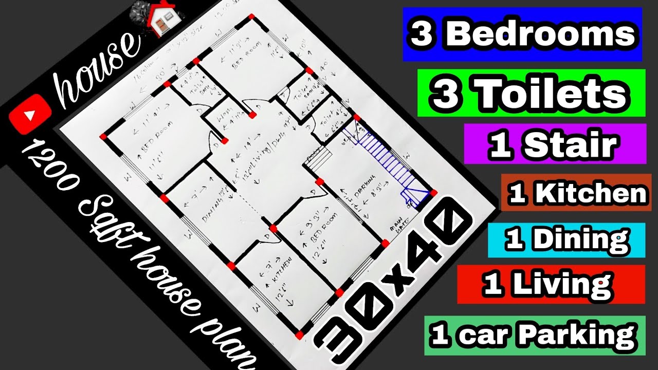 30 × 40 HOUSE PLAN || 3 BHK HOUSE DESIGN || WITH CAR PARKING || 1200 SQFT HOUSE PLAN ||