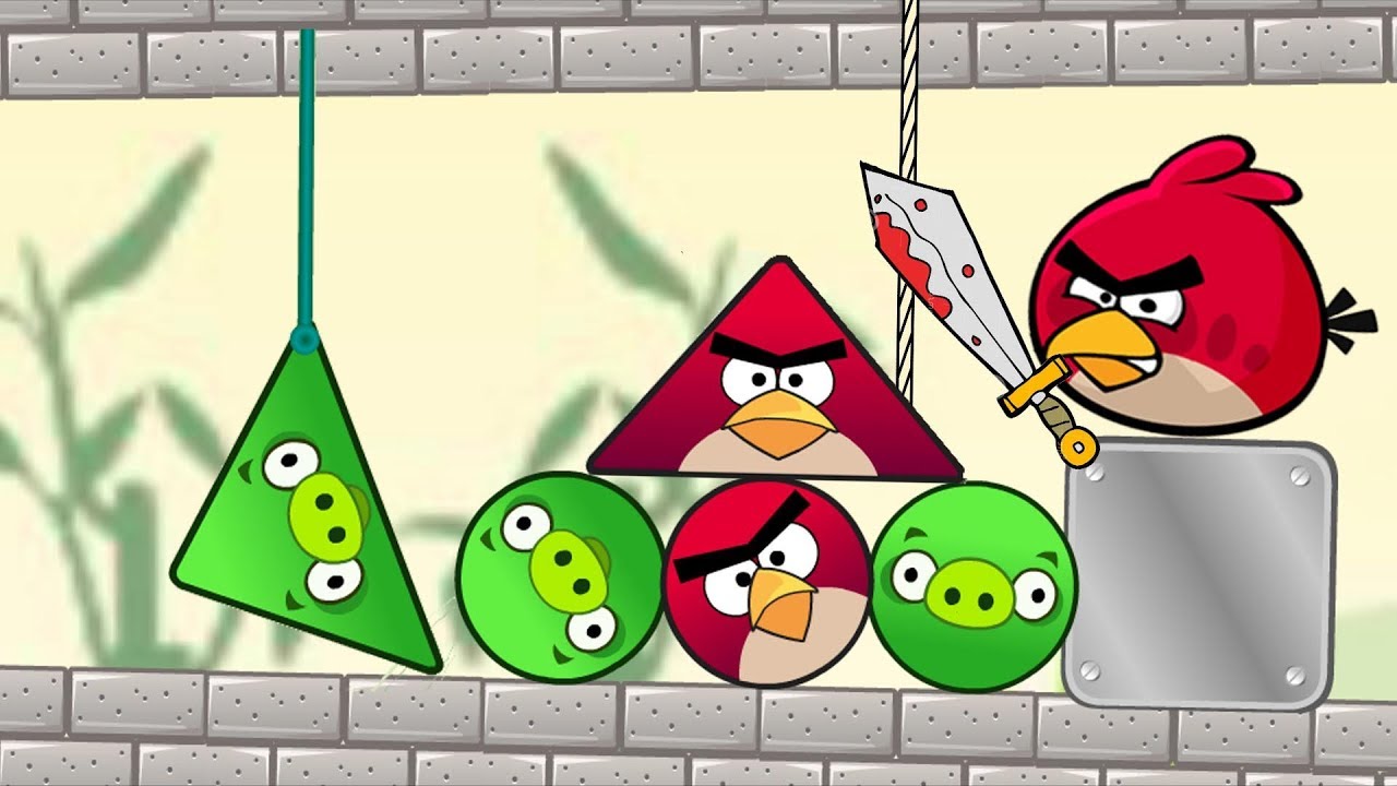 Angry Birds Pigs Out - CUT THE ROPE TO KICK TRIANGLE AND ROUND PIGGIES FULL!