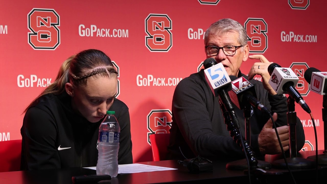 UConn Head Coach Geno Auriemma and G Paige Bueckers meet with the media after the loss to NC State