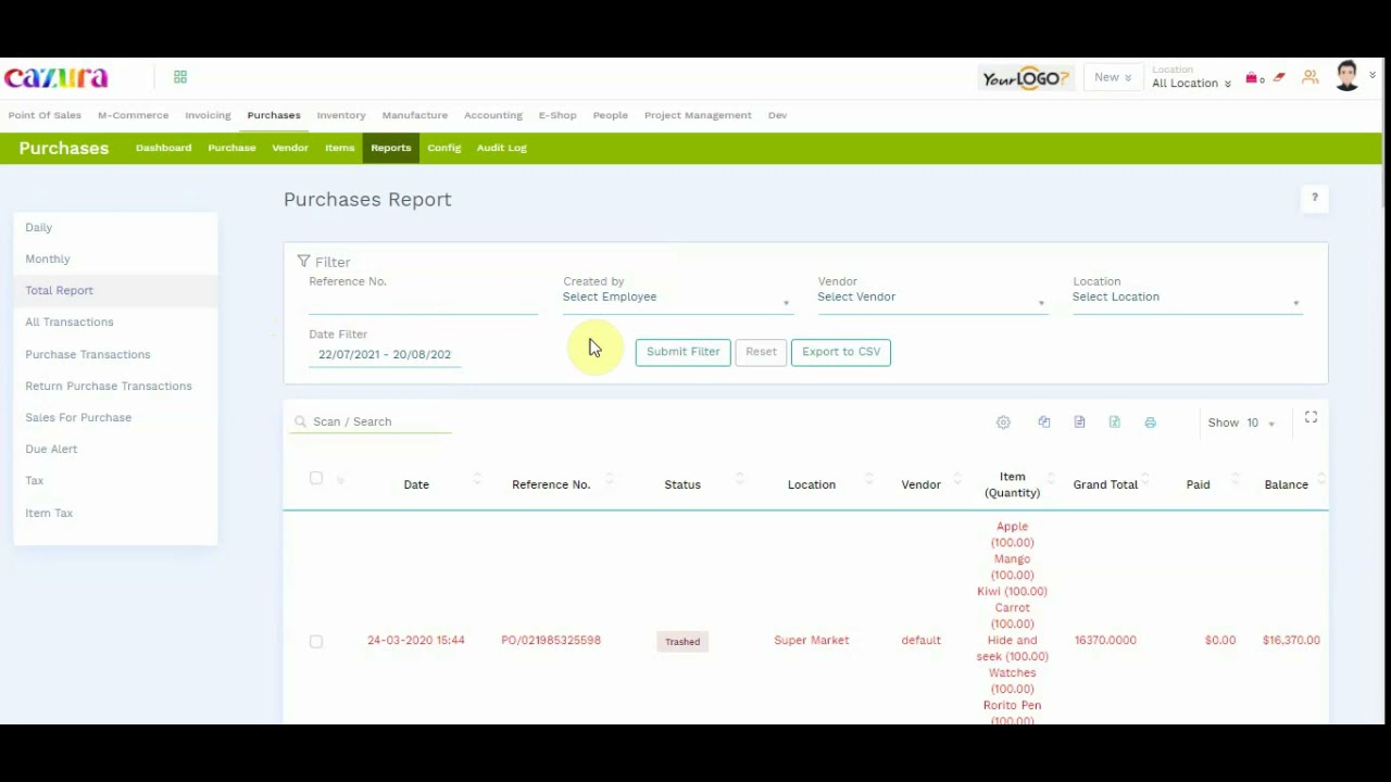 Point of Sales (Cazura) - How to check Purchase Report
