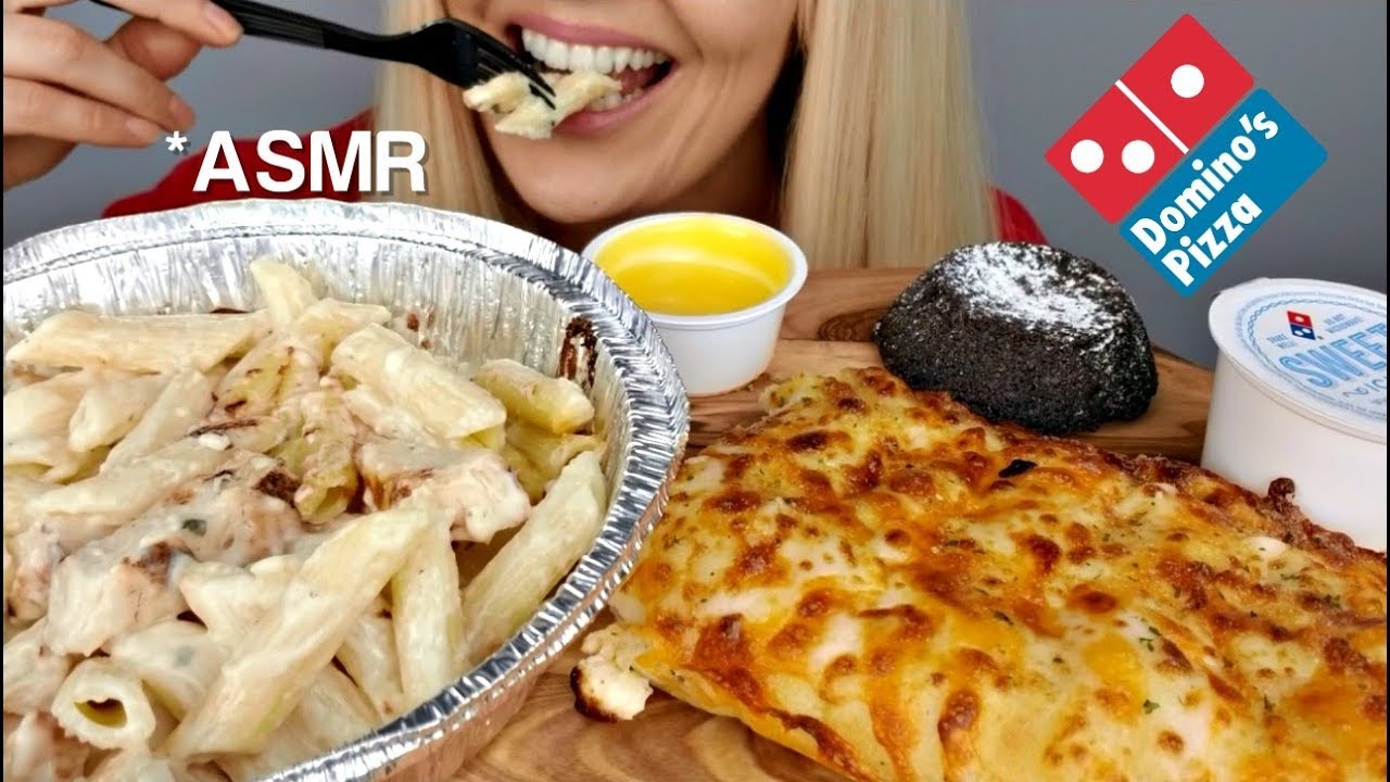 ASMR Dominos CHICKEN ALFREDO PASTA, CHEESY STUFFED BREAD & CHOCOLATE LAVA CAKE *No Talking