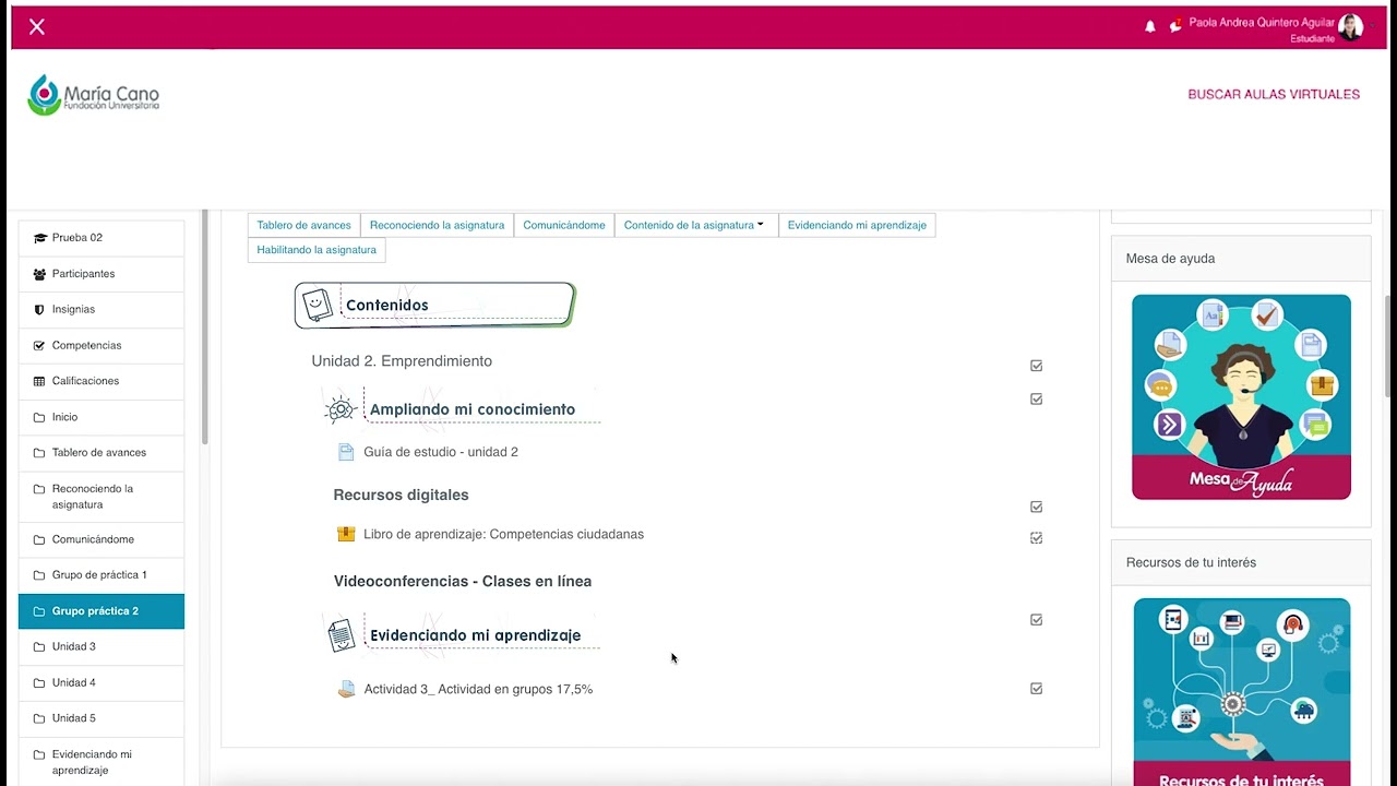 Reconocer la estructura del aula Mariacanovirtual - rol estudiante
