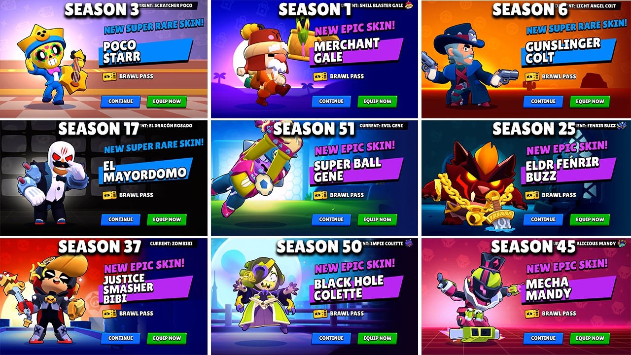 Все скины из Brawl Pass: Эволюция 2020-2026 | Болт, Старр Нова в Brawl Stars