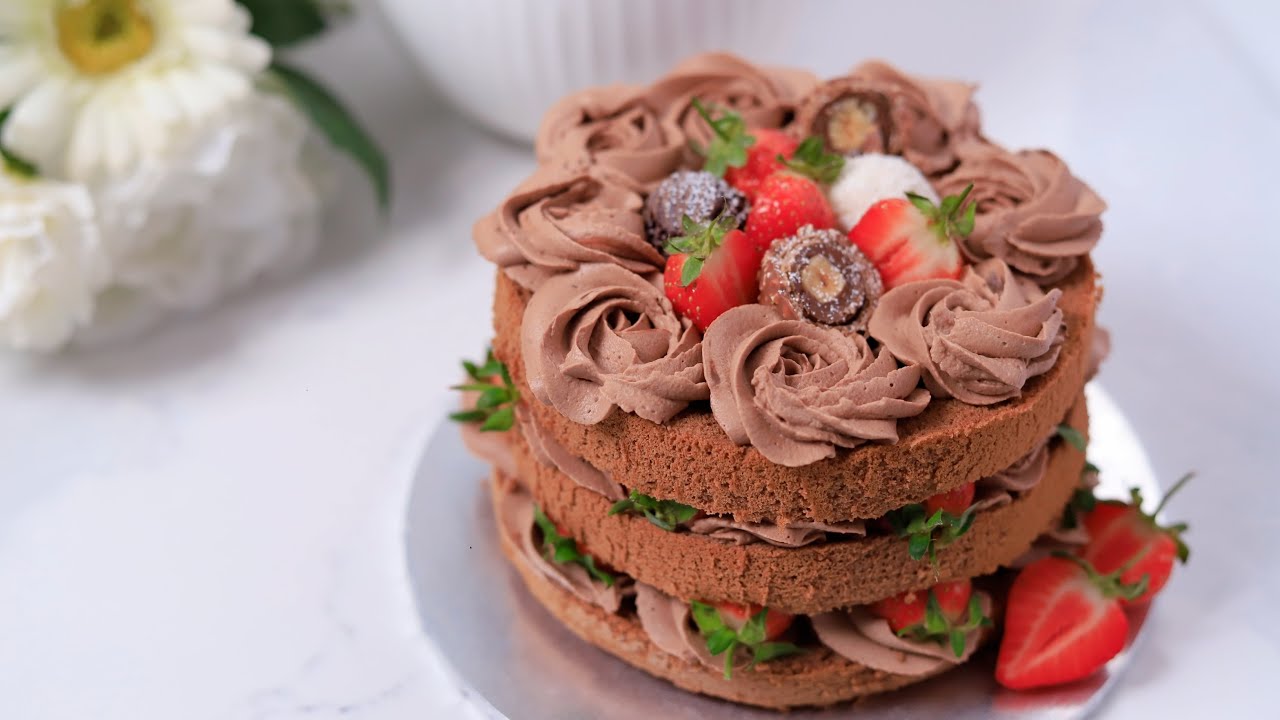 巧克力草莓裸蛋糕,  不抹面，一次成功，超适合新手的生日蛋糕 Best Chocolate Strawberry Cake with whipped cream