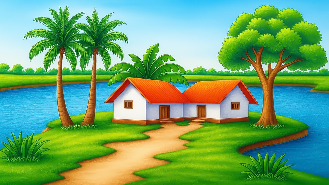 How to Draw Beautiful Village Scenery with River and Trees | Easy Drawing Tutorial for Beginners