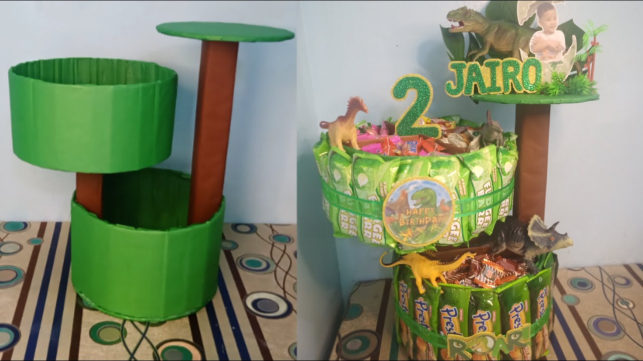 2in1| DIY | CANDY STAND | CANDY CAKE TOWER | DINOSAUR THEMED #diy #candycake #dinosaur