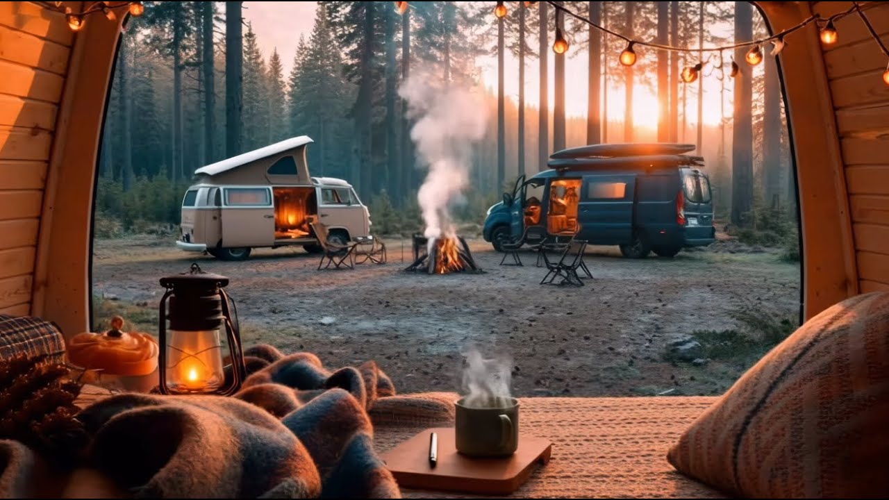 4k Camper Van with Campfire Crackling and Nature Sounds for Relaxing, Studying ASMR