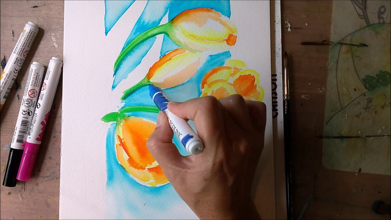 Tulpen schilderen met ecoline brushes talens