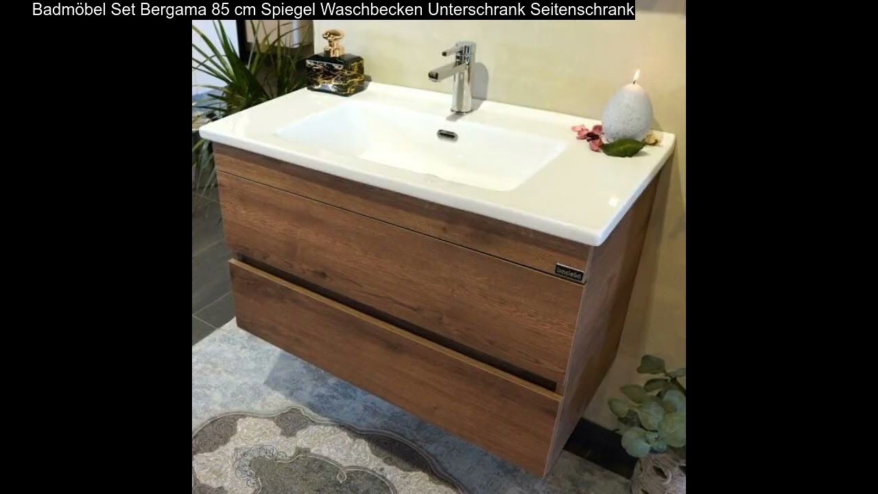 Badm&ouml;bel Set Bergama 85 cm Spiegel Waschbecken Unterschrank Seitenschrank