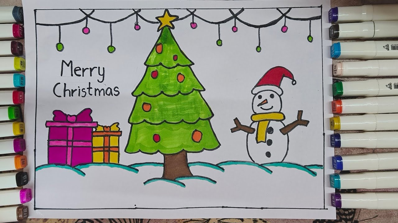Merry Christmas drawing | Christmas tree drawing | Christmas day drawing | snowman drawing