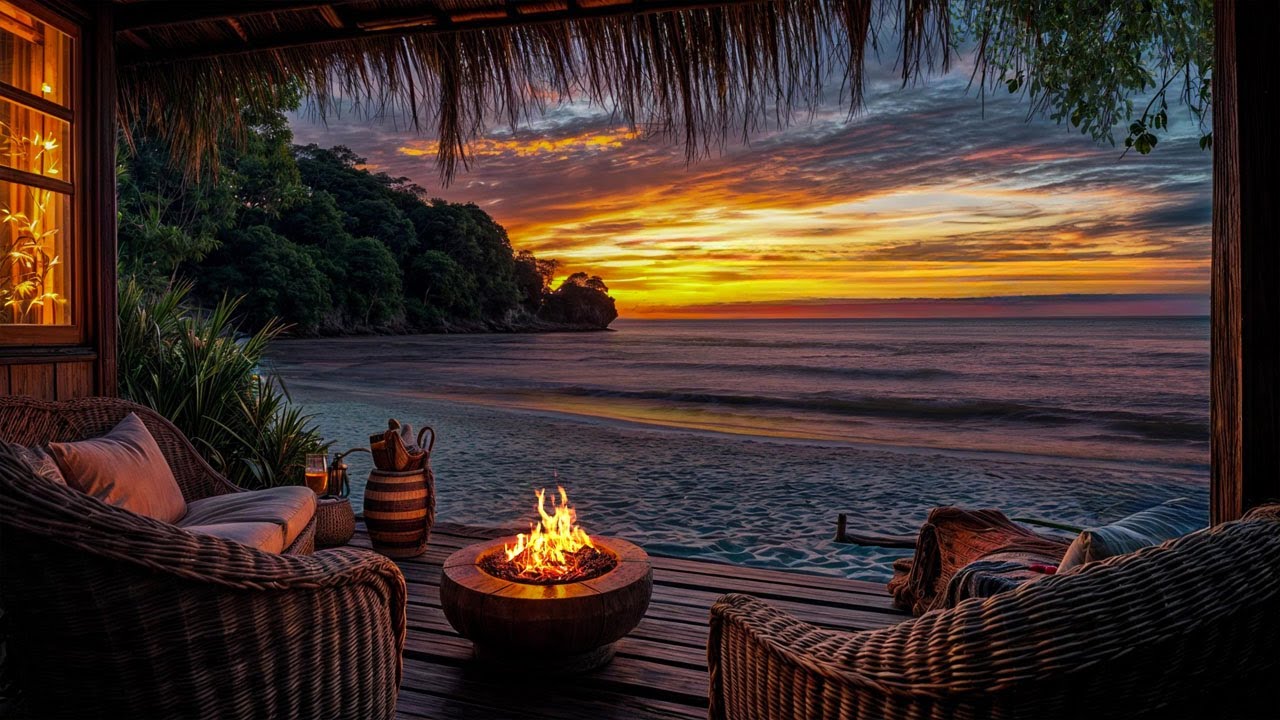 🏖️🔥Cozy Beachfront Sunset | Relaxing Ocean View and Campfire for Sleep, Study, and Stress Relief 🌅✨