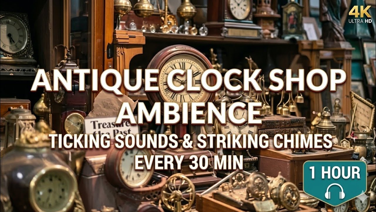 Antique Clock Shop Ambience: Ticking Sounds & Striking Chimes Every 30 Min | 4K