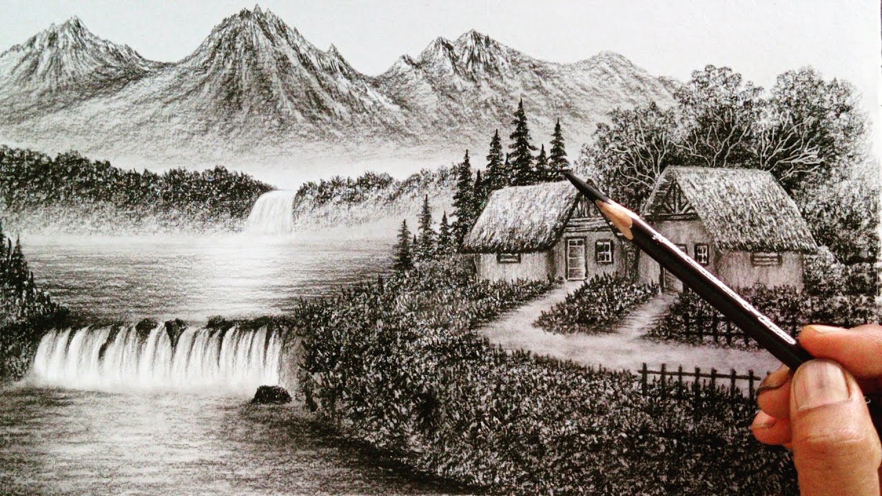Nature landscape scenery drawing with pencil easy ways //