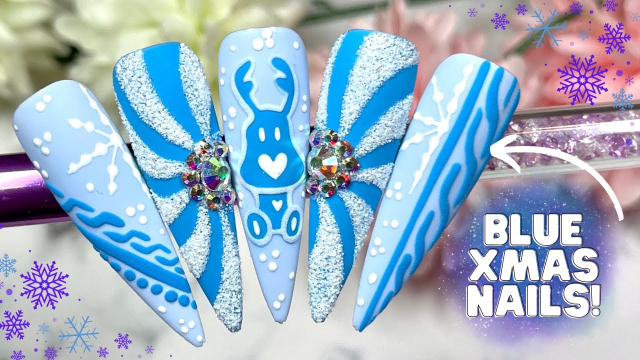 BLUE REINDEER NAIL ART DESIGN| CHRISTMAS NAIL TUTORIAL| SWEATER NAILS| SNOWFLAKE NAILS| MADAM GLAM