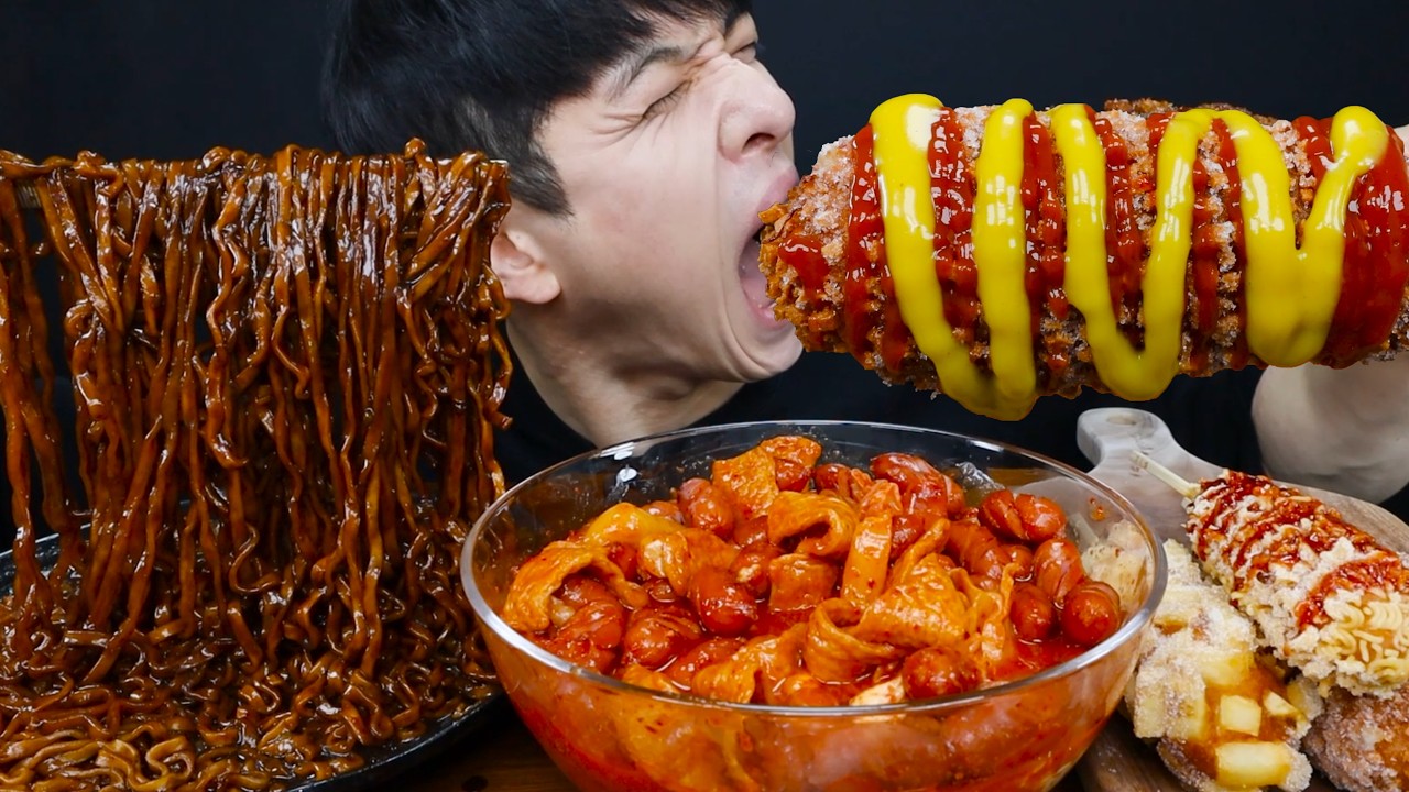짜왕 & 엽떡 & 비엔나왕창 & 명랑핫도그 먹방 BLACK BEAN NOODLES & SPICY TTOEK-BOKKI & CHEESE CORN DOG MUKBNANG