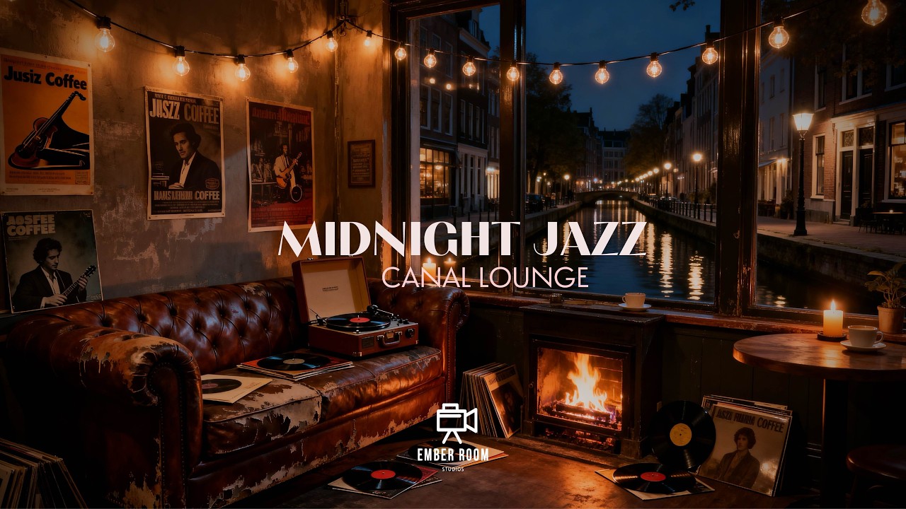 Midnight Canal Jazz Café ☕ Cozy Fireplace & Vinyl Jazz by the Water | Relaxing Night Ambience