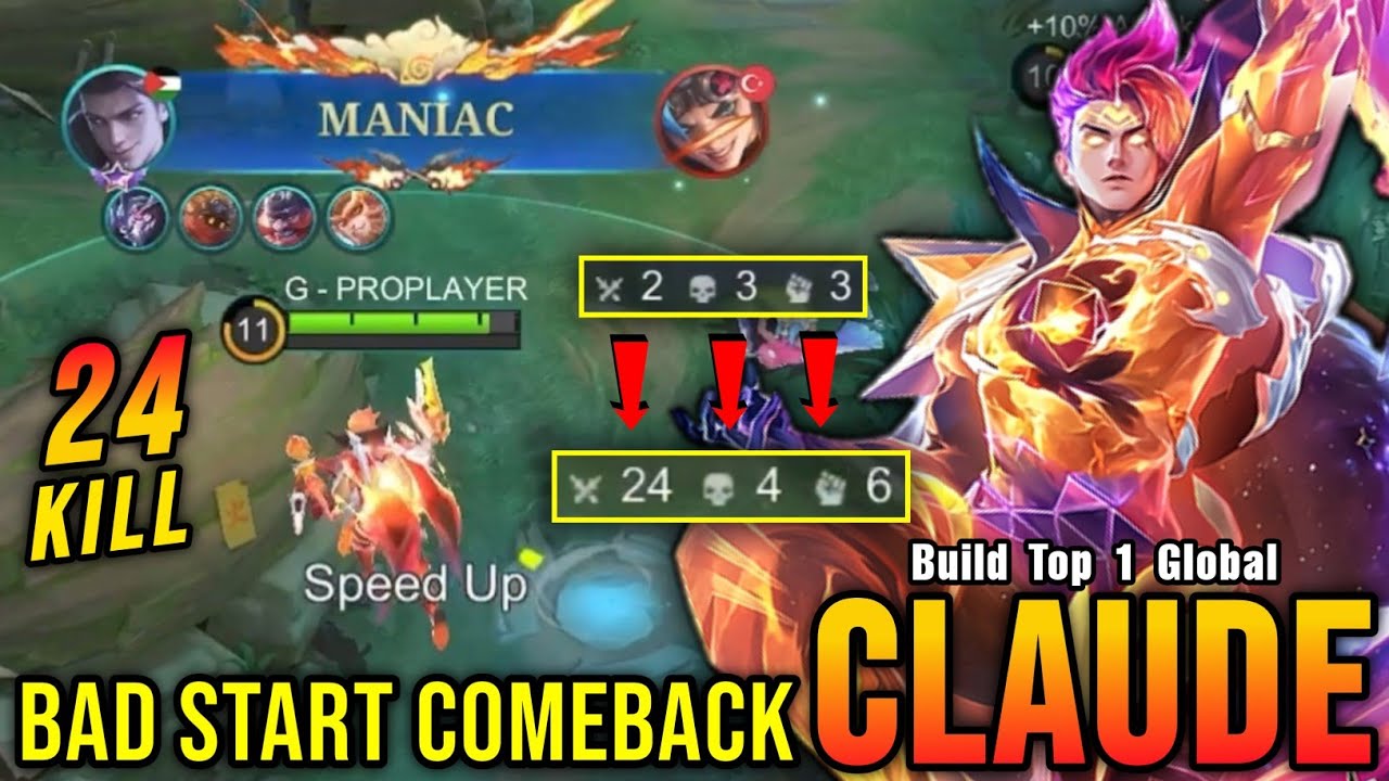 24 Kills + MANIAC!! Claude Comeback From a Bad Start!! - Build Top 1 Global Claude ~ MLBB