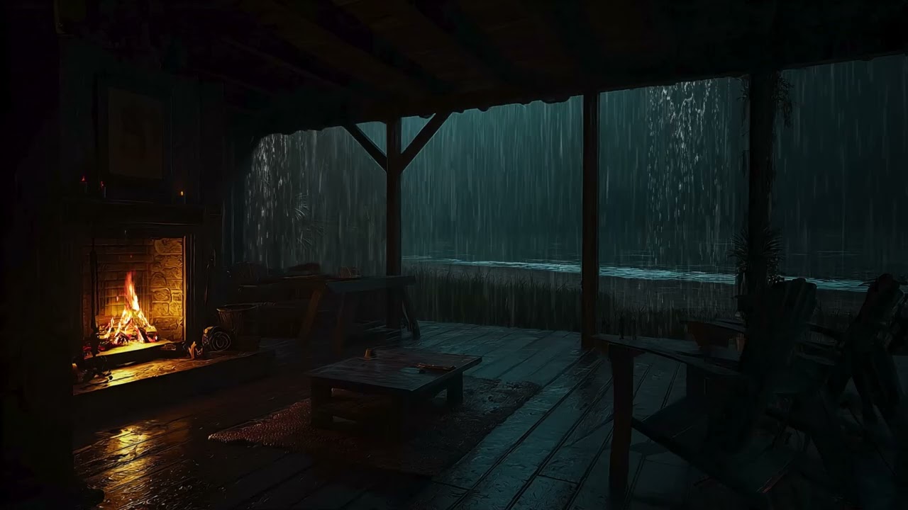 Sleep in Minutes |Gentle Forest Rain & Distant Thunder 🔥 Cozy Glass Cabin Fireplace for Deep Sleep