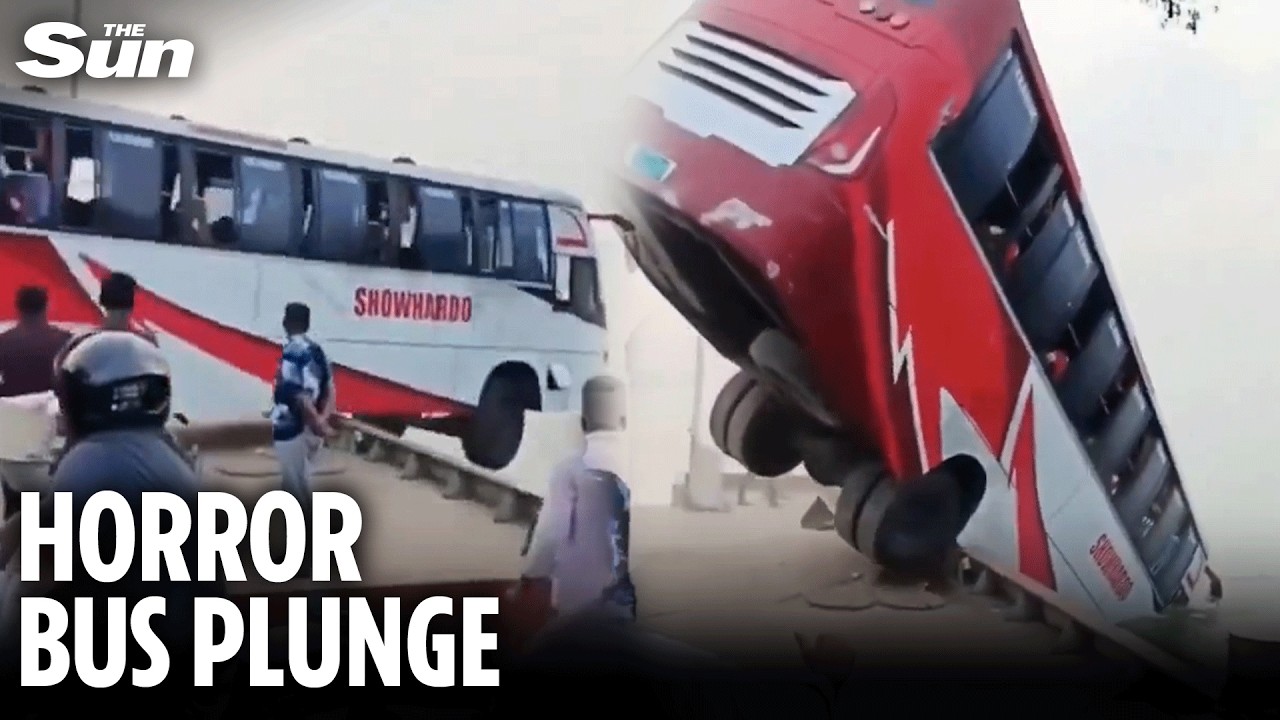Moment packed bus plunges into river in front of terrified locals