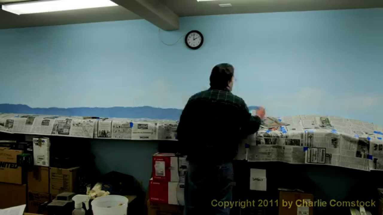 Painting a model railroad backdrop - sky, clouds, and hills