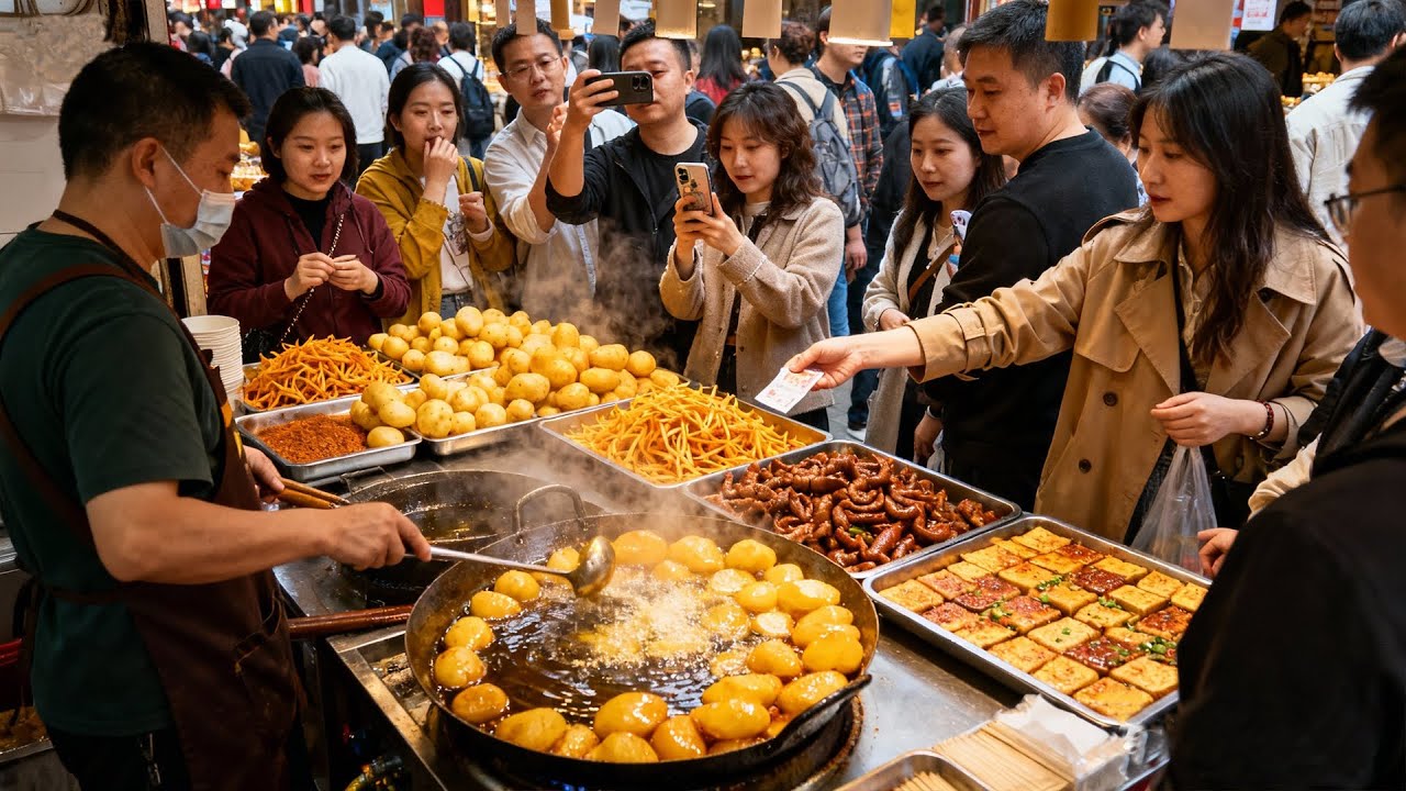 中国成都街头美食，美味的米老鼠，人气爆满的剪刀土豆，蛋烘糕，香煎毛豆腐，玉米饼，火爆肥肠，开了34年的春卷，冒烤鸭，手撕烤兔，糖炒板栗，各种卤味，红油兔丁，酸辣粉等等