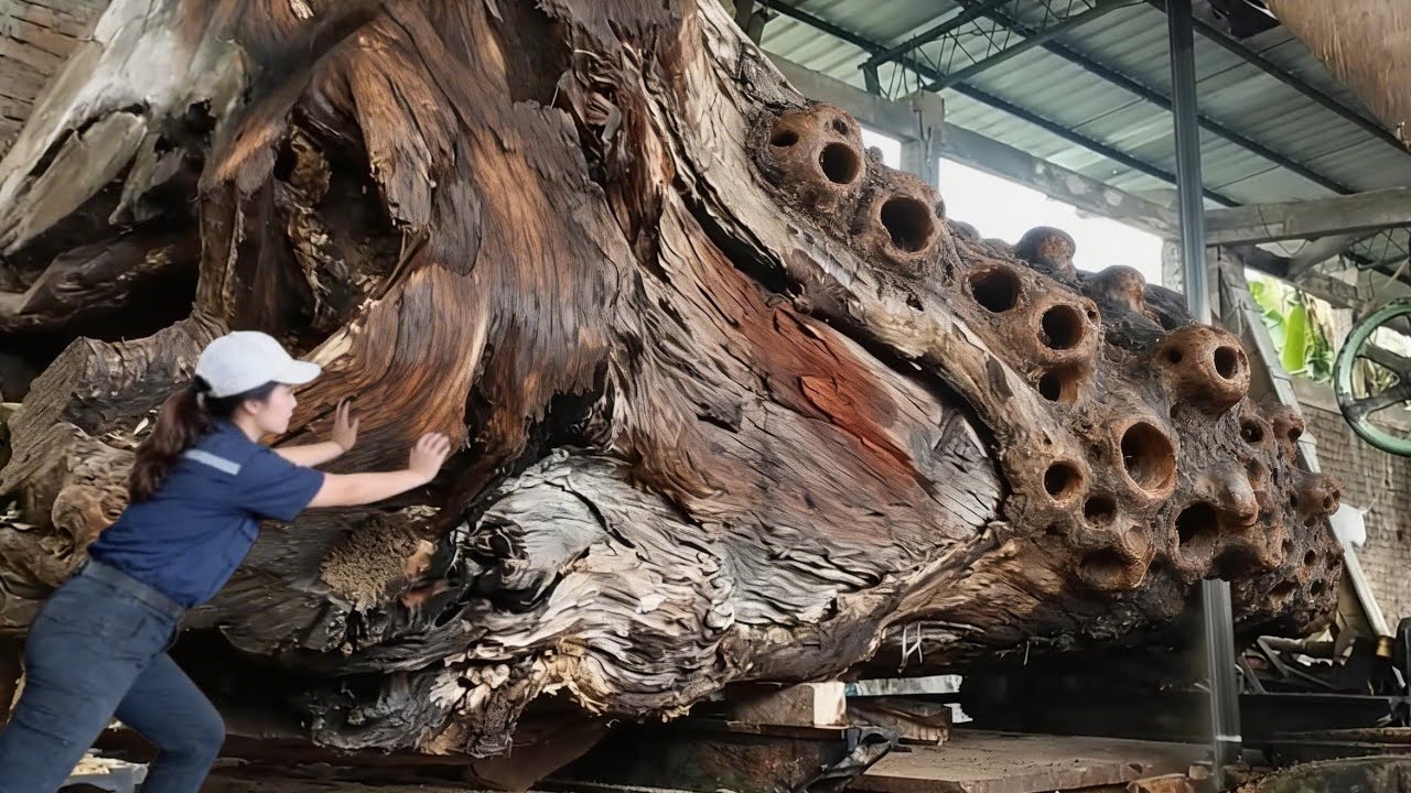 Tense moment!! The bandsaw had trouble when it hit a super large dry log