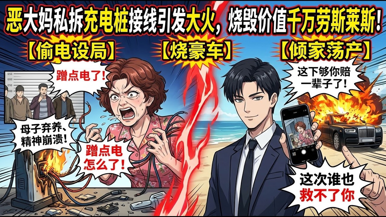 【惡有惡報】瘋狂！惡大媽私拆充電樁接線引發大火，燒毀價值千萬勞斯萊斯：這就是你得寸進尺的報應！#爽文 #打臉 #逆襲 #漫剧 #心動甜言