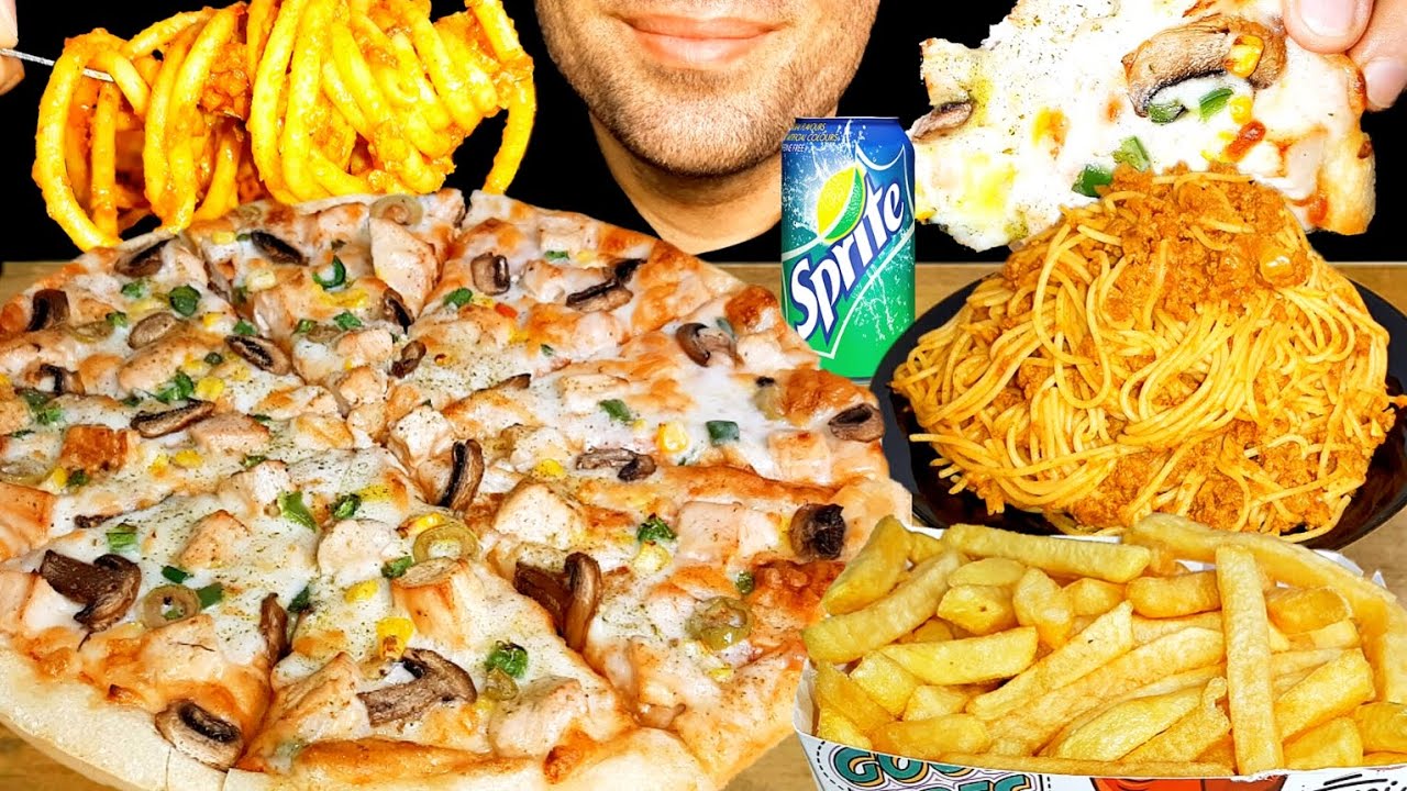 ASMR MUKBANG| CHICKEN PIZZA, MEAT PASTA, FRIES(EATING SOUNDS)| موکبانگ🍝