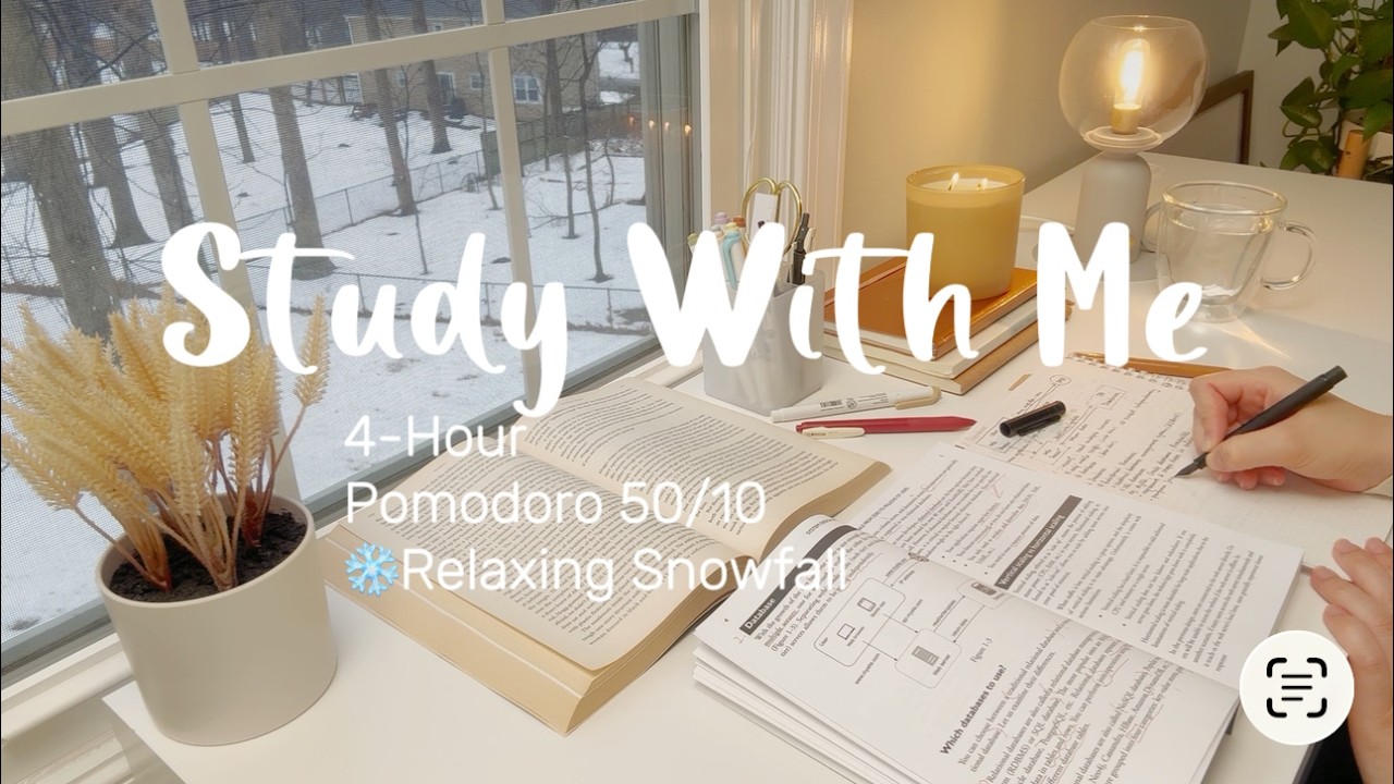 📘4 HR STUDY WITH ME 🔆 Winter Cosiness | ❄️ Calm Snowfall | Pomodoro 50/10 | ⏰ Countdown Timer