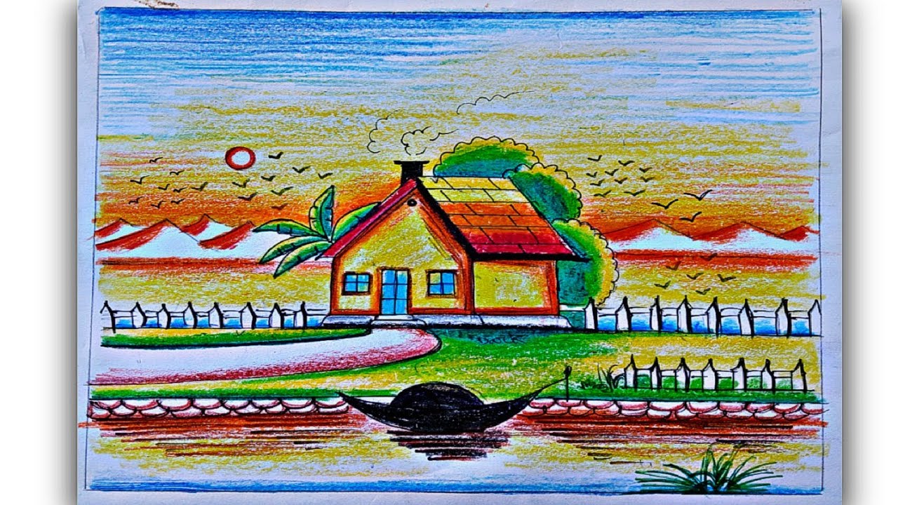 Village scenery drawing easy 