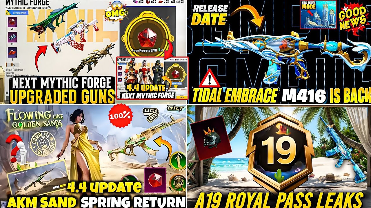 🔴 NEXT MYTHIC FORGE BGMI 4.4🔥| SANDSPRING AKM RETURN😱| M416 TIDAL EMBRACE IS BACK🪸| A19 ROYAL PASS