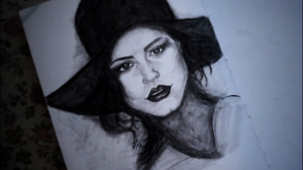رسم وجه بنت ترتدى قبعة بقلم الفحم .. رسم بورترية ..drawing girl face with charcoal