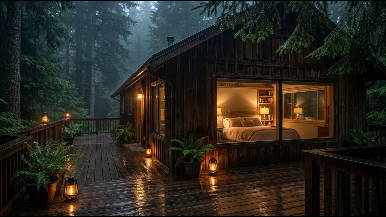 Soul Serenity Rain & Felt Piano at Glowing Cabin Wood Deck for Inner Peace & Calm 🏡🕯️