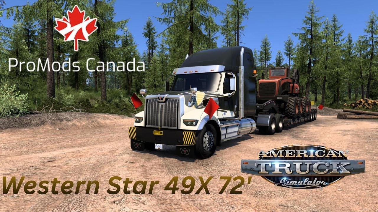 Potente Western Star 49X 72' sleeper _Transportando Cosechadora Forestal 21 Toneladas_Promods Canada