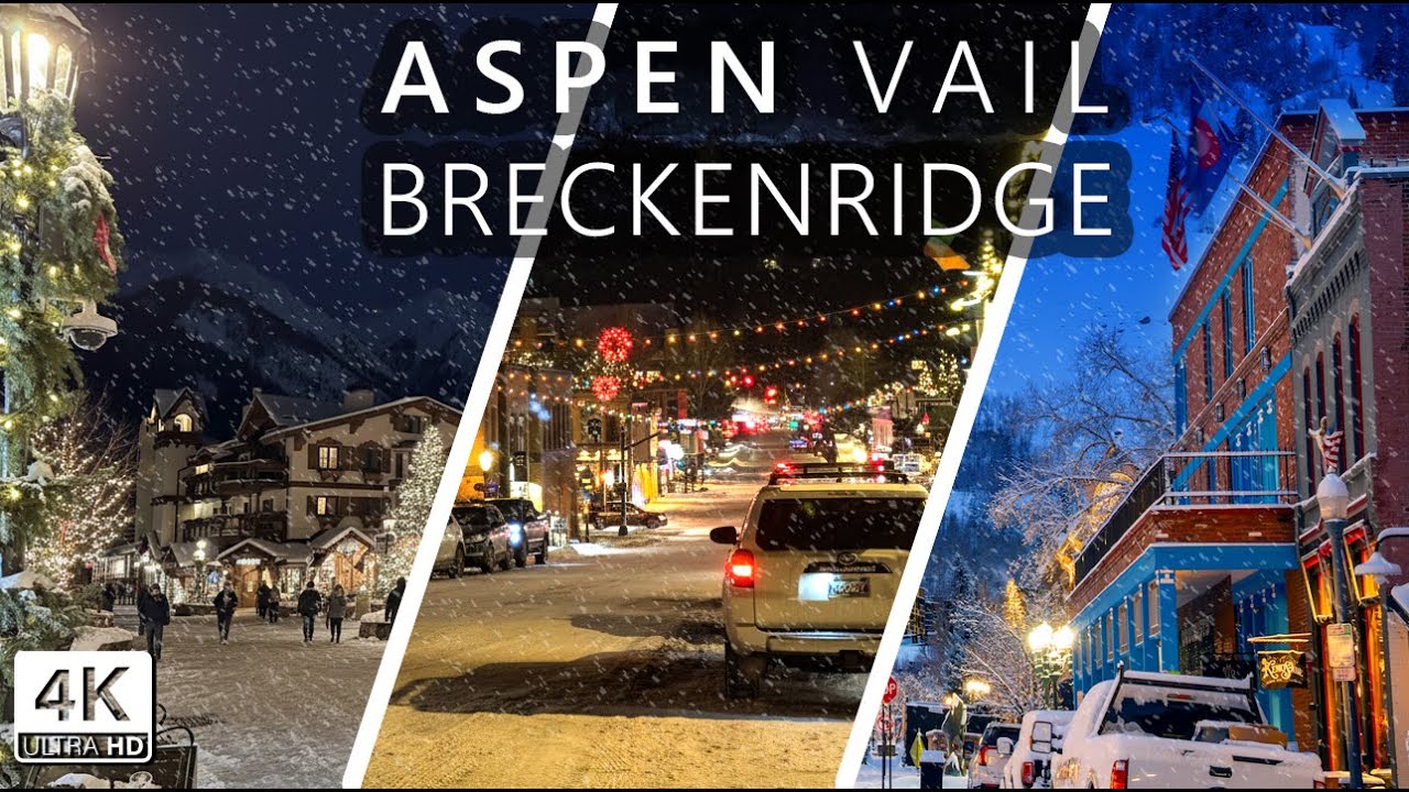 ASPEN - VAIL - BRECK - Winter Evening Christmas Decorated Colorado Famous Ski Towns - 4K Walk Tour