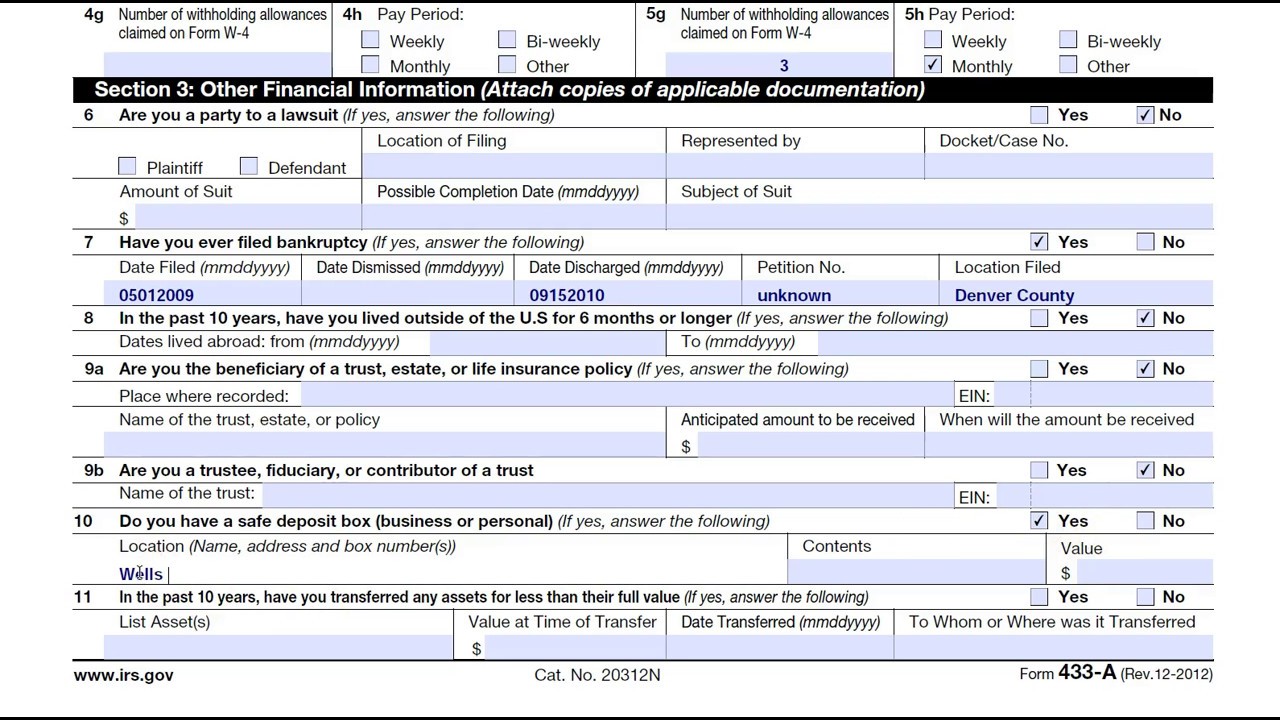 How to complete IRS form 433-A - Collection Information Stmt for Wage Earners/Self-Employed Indiv
