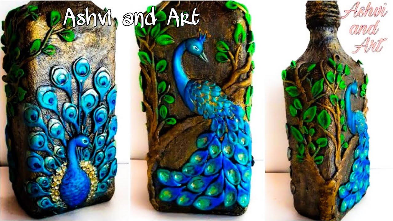 Peacock Bottle art-DIY//Clay art on Glass bottle//bottle art//peacock