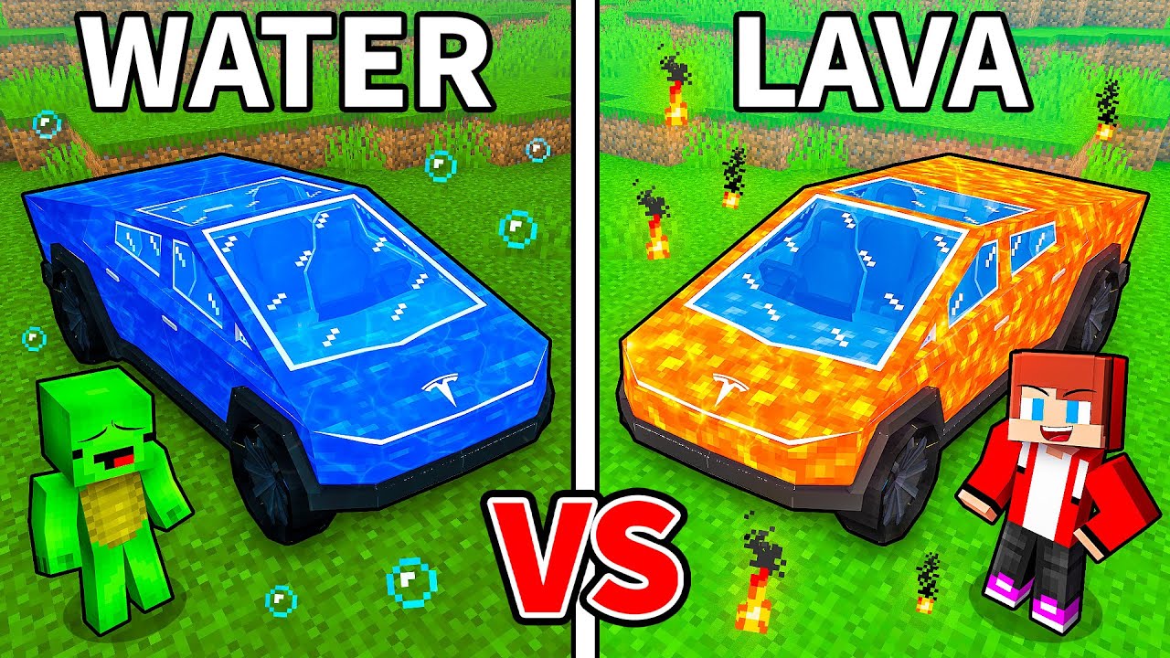 JJ and Mikey: WATER vs LAVA Cybertruck Elemental Battle in Minecraft - Maizen