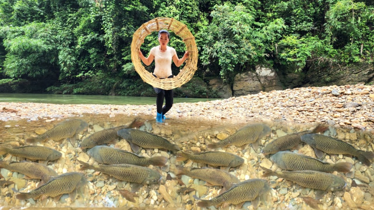 The girl made an ancient fish trap, and caught a lot of fish in the stream. | Ana fishing