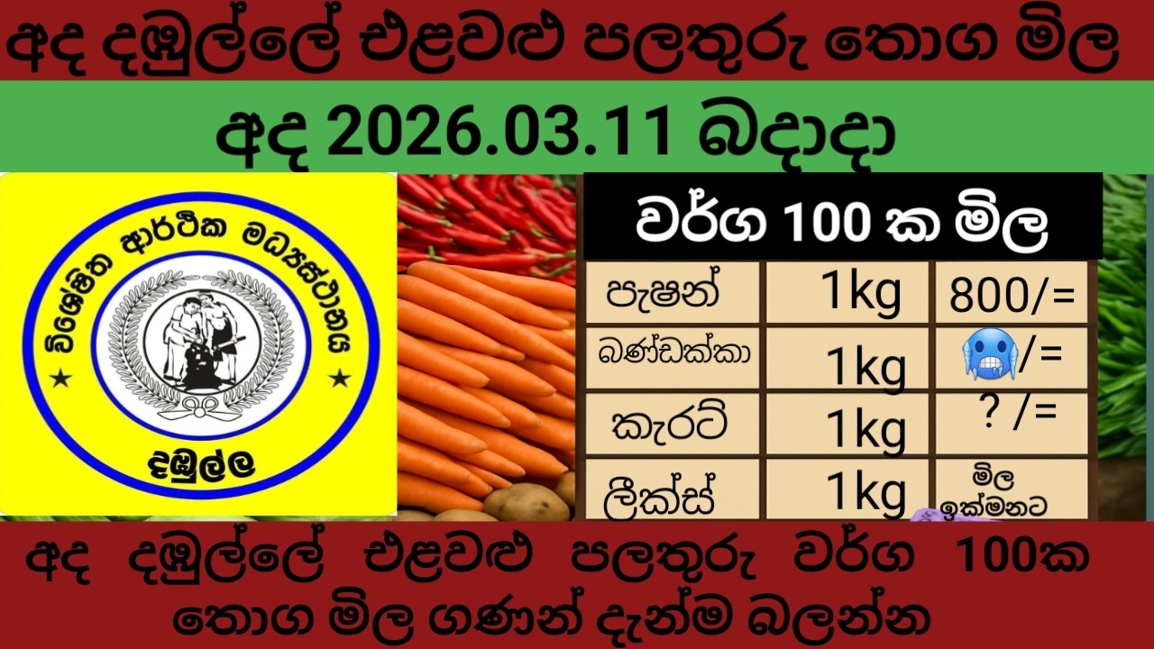 අද 2026.03.11 බදාදා දඹුල්ලේ එළවළු පලතුරු මිල Today vegetable wholesale prices listin Dambulla Market