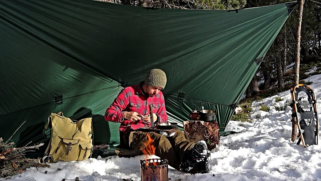 Winter BUSHCRAFT in WILDERNESS - Pranzo FUOCO Setup Tarp Shelter Nodi SURVIVAL test stufa nuova