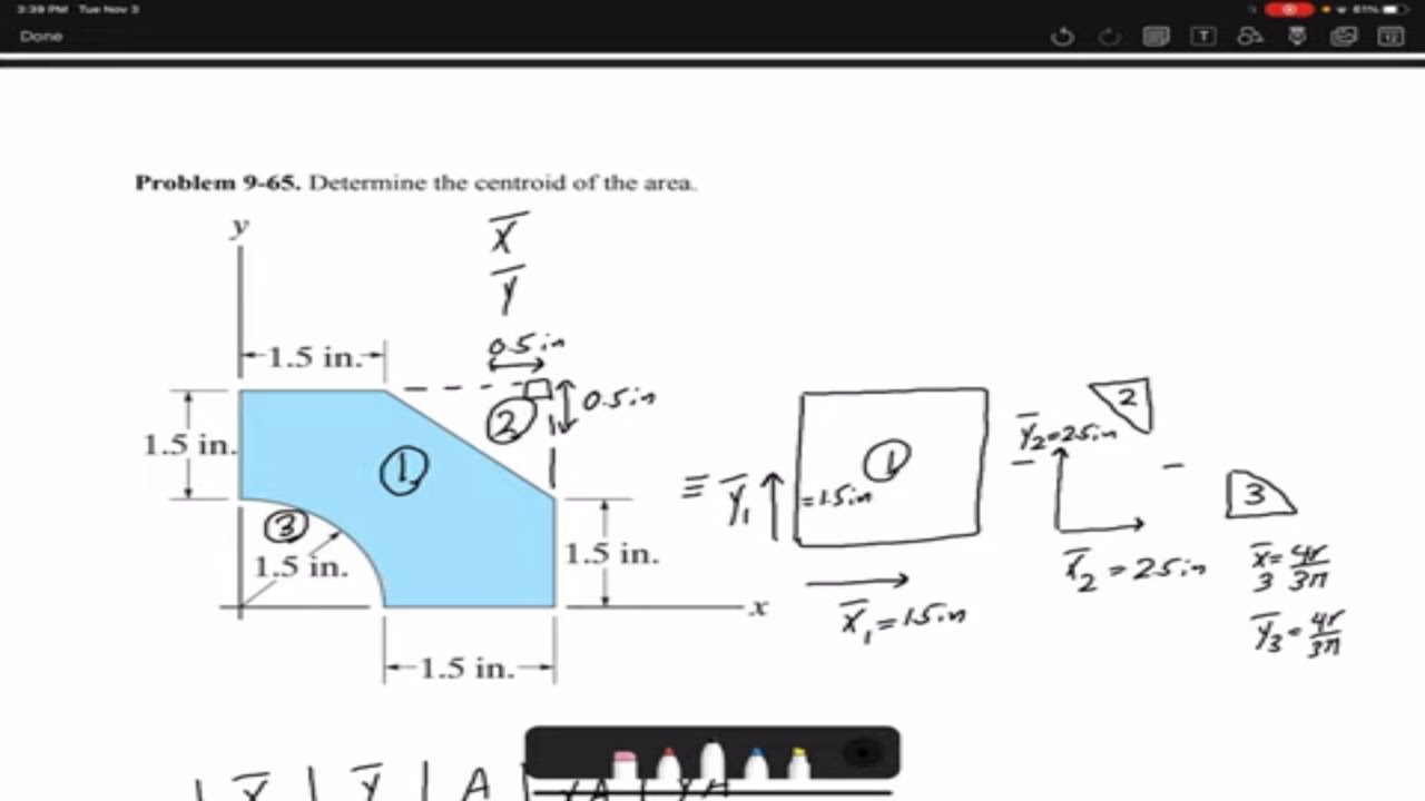 Statics Practice Problem 9-65: Centroid of a composite body by subtracting the missing parts
